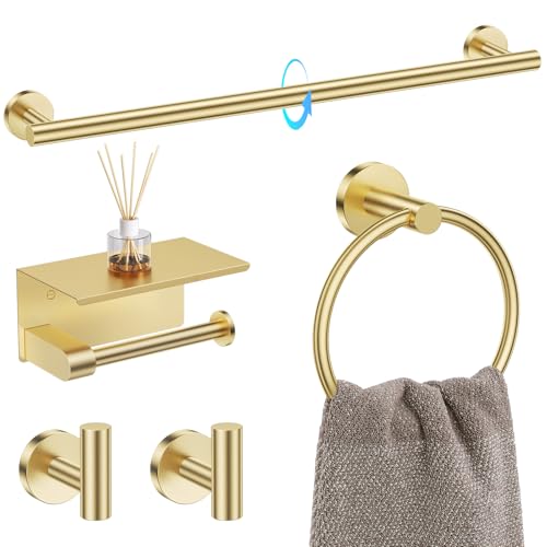 TQKAG 5 Piece Bathroom Towel Bar Holder Sets Brushed Gold Bathroom Hardware Set Stainless Steel Toilet Paper Holder with Shelf Bathroom Accessories Kit Wall Mounted