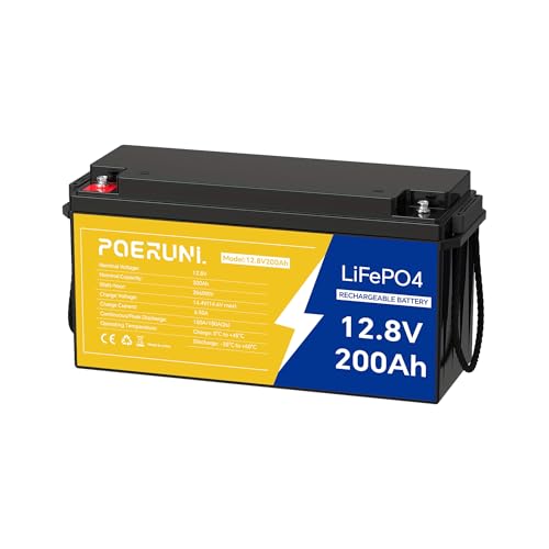 POERUNI.12.8V 200Ah LiFePO4 Battery Lithium Iron Phosphate Deep Cycle Battery for RV Solar Marine Trolling Motor 2560Wh Power 10+ Year Lifespan Built-in BMS Blister Packaging