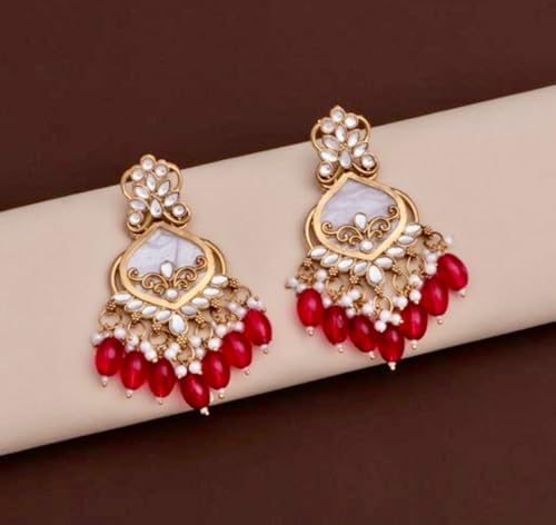 Image of Traditional 20K Gold Plated Kundan Chandbali Earrings with Black Beads and Faux Pearls for Women - Ethnic Wedding & Partyy Wear Statement Jewelry