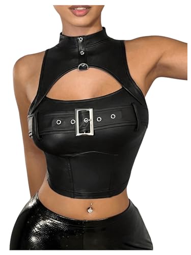 Women's Faux Leather Tank Top High Neck Cut Out Buckle Front Slim Fit Y2k Crop Tops2
