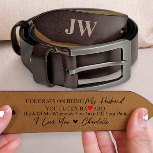 LASFOUR Congrats on Being My Husband Belt, Personalized Wide Black/Brown 2-Sided Engraved Leather Belts With Saying On The Inside, Custom Name Leather Belt for Men, Personalized Belt for Husband3