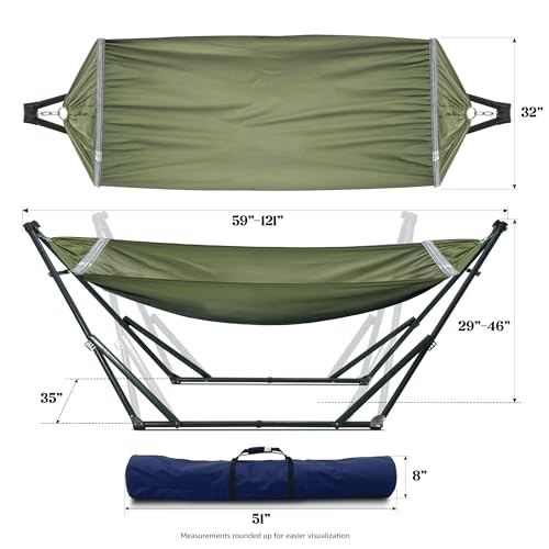 Image of Tranquillo Sturdy Steel Hammock with Stand Premium Cotton Canvas Hammock, 600 lbs Capacity Hammock Stand Folding, Portable 30-Second Fold Unfold Hammock for Camping, Sage