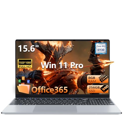 15.6 inch Laptop with Office 365, Notbook PC Core M3-6Y30 Processor, Win 11 Laptop 8GB RAM 256GB SSD, IPS FHD 1920*1080P Screen, PC Computer with Backlit keyboard/Webcam/Wi-Fi5/BT4....