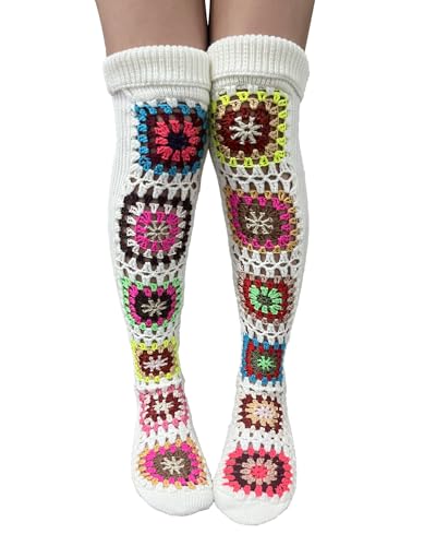 Image of Leoparts Crochet Thigh High Socks Granny Square Over Knee High Retro Knitted Stocking Colorful Leg Warmers