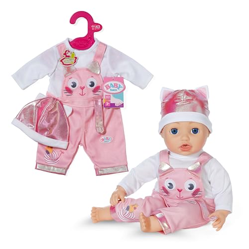 BABY born Kätzchen-Onesie - Strampelanzug mit langen Ärmeln, Latzhose & Mütze - Hochwertiges Puppenzubehör - Kleidung geeignet für Puppen der Größe 43 cm