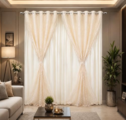 Image of Double Curtains 2 in 1 Embroidery Transparent Curtain with 80% Blackout Curtain Best for Every Interior Living Room (Mustard 8ft Set 2)