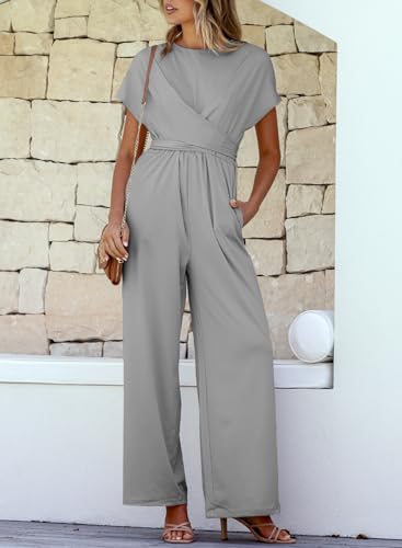 Happy Sailed Jumpsuits for Women Dressy Front Crisscross Tie Waist Belted Wide Leg Pant Rompers Loose Casual Overalls with Pockets Grey X-Large - Thumbnail 4