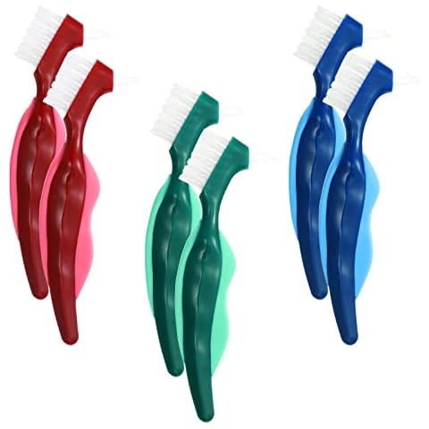6 Stück Harte Prothesenbürste Zahnersatzbürsten Doppelborsten Kopf Zahnbürste Set Tragbare Ergonomische Gebissreinigungsbürsten für die Reinigung von Künstlichen Zähnen Zahnpflege Cover