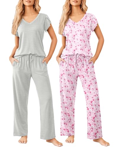 Image of Ekouaer 2 Pack Womens Pajamas Short Sleeve Sleepwear Top with Pants Super-Soft Printed Lounge Sets S-XXL