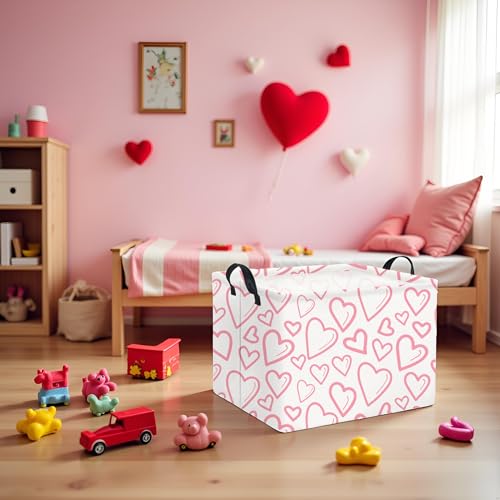 Image of Rectangular Valentines Basket for Home Kitchen Girls Cute Kids Storage Bin Organizer Shelf Book Room Decor(Pink Line Hearts)