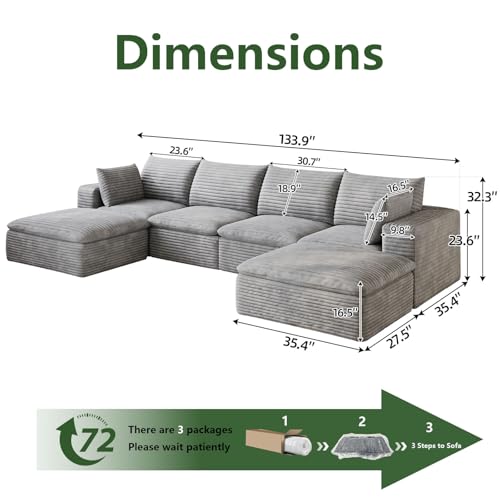 Image of 134 inch Cloud Couch Modular Sectional Sofa for Living Room, U-Shape Boneless Couch with Deep Seat, Modern Corduroy 4-Seater with Ottoman, No Assembly Required, Light Grey