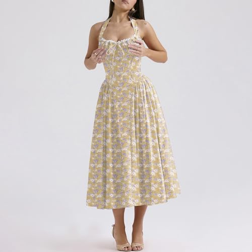 Image of Women Floral Corset Dress Halter Neck Low Cut Bustier Lace Midi Dress Flowy Pleated Hem Long Sundress with Pockets