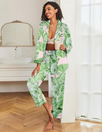 Image of Ekouaer Womens Satin Pajama Set Classic Pattern Silky Pj Sets Button Down Sleepwear Loungewear