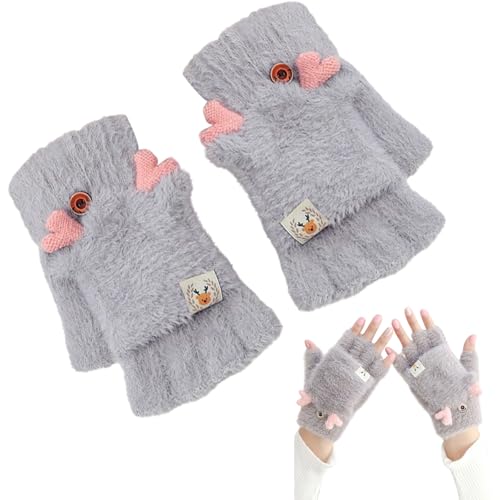Bekecidi Guantes de invierno sin dedos, de punto de alce, convertibles, para pantalla táctil, guantes térmicos de medio dedo, guantes cálidos para mujeres y niñas, gris, talla única