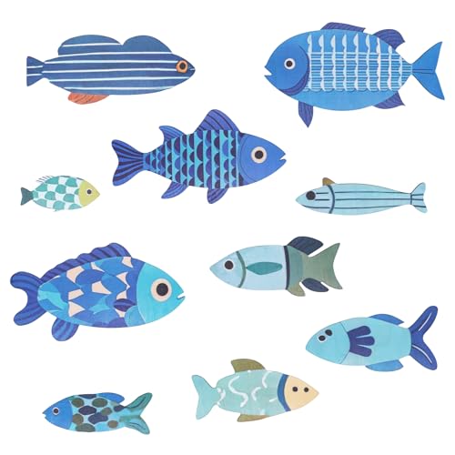 OT-NVWOZR 10pcs Wooden Fish Wall Decor, Vintage Bathroom Wall Art Ornaments, Hanging Coastal Nautical Beach Decoration, Wood Fish Wall Sculpture for Home Lake House Ocean Bathroom Decor