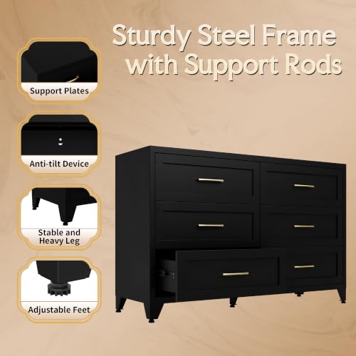 Image of Metal Dresser, 6 Drawer Chest of Drawers for Bedroom, Black