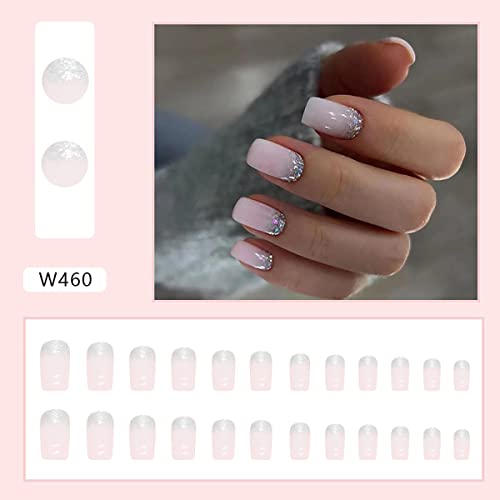 24Pcs French Tip Press On Nails Short Square Nude Pink Fake Nails Silver Glitter Glossy Design Nail Art Supplies Coffin False Nails Full Cover Artificial For Women Girls Acrylic Manicure Decorations #TOP1