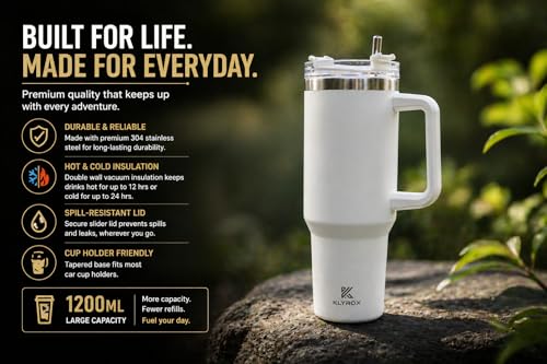 Image of 1200ml Stainless Steel Tumbler with Handle and Straw | Leak Proof Travel Mug | BPA Free Reusable Drinking Cup for Office, Travel, Gym & Car (White)