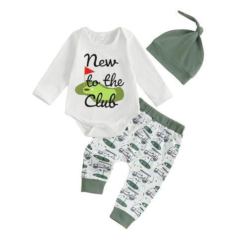 Image of Ysfanwuxi Newborn Baby Boy Golf Outfit New to the Club Baby Onesie Golf Romper Pants Set Hat Infant Coming Home Fall Clothes
