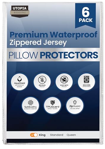 Set of 6 Pillow Protectors with Zipper King Size, Bed Bug and Dust Mite Proof Pillow Covers, Ultra Soft Pillow Encasements, Moisture Wicking and Waterproof Pillow Cases by Utopia Bedding (White)