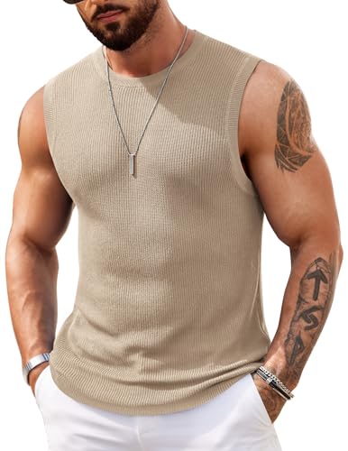 COOFANDY Men's Casual Tank Top Vest Sleeveless T Shirt Knit Muscle Tank Shirts Khaki