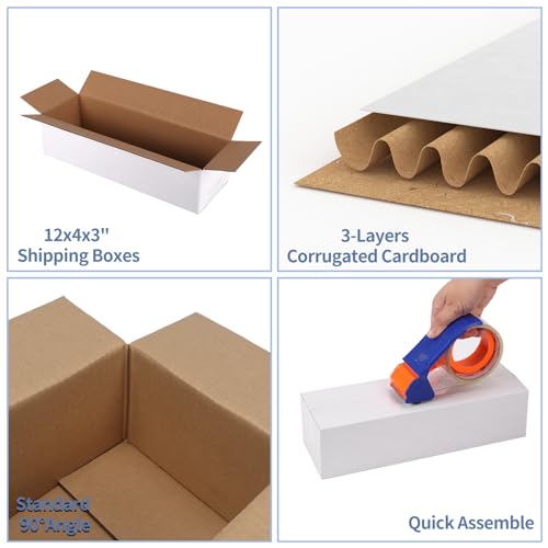 Hoikwo 12x4x3 Shipping Boxes Set of 25, White Corrugated Cardboard Box for Small Business for Packaging Mailing - Thumbnail 3