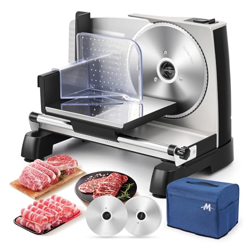Moongiantgo Cortadora de Fiambre Casa Cortafiambres Eléctrico Profesional con 2x Cuchilla de Acero Inox Extraíble, Ø190mm, Regulador de Grosor 0-18mm, para Pan/Corte Jamon/Carne/Queso/Embutido (200W)