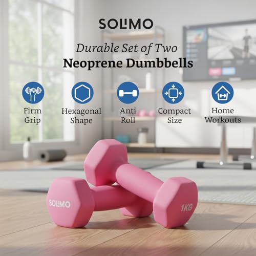 Image of Amazon Brand - Solimo Neoprene Dumbbell 1kg, Set of 2 (Hot Pink)