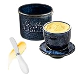 Round Butter Dish with Lid, French Butter with Knife for Soft Butter, Ceramic Butter Crock with Waterline - Porcelain Butter Dish - Dishwasher Safe ( Blue )