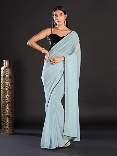 Image of AKHILAM Women's Black Embellished Georgette Saree With Unstitched Blouse Piece