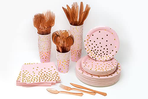 Pink & Gold Party Supplies Set 350 Pcs Dots Adorable Disposable Dinnerware 50 Paper Plates Cups Napkins Heavy Duty Plastic Spoons Forks Knives Birthday Baby Bridal Shower Reunion Picnic Graduations #TOP6