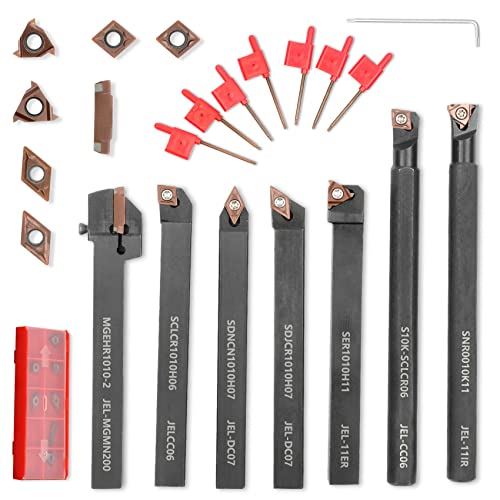 Joogto Indexable Lathe Turning Tool Holder 3/8'' 10mm-Shank 7 Pcs Metal Lathe Tools Holder Set for Turning Grooving Threading Boring with 7 Pcs Carbide Inserts Turning Inserts Carbide Turning Tool Set