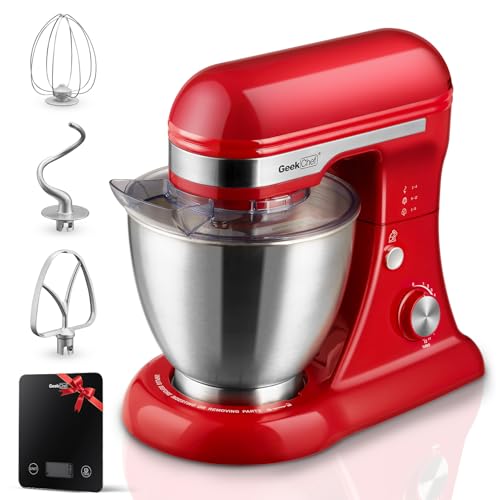 Geek Chef 3-IN-1 Stand Mixer, 4.8QT, 12 Speeds Tilt-head Food Mixer with Dough Hook, Whisk, Beater and Digital Scale with App, Red Wild Red + Black Sc