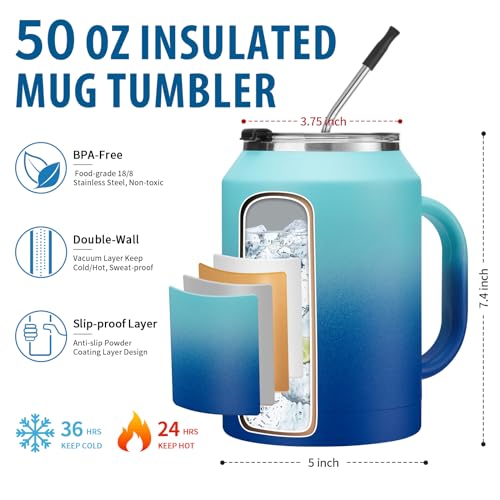 Image of 50oz Insulated Mug Tumbler with Handle - Keep Cold-36h & Hot-24h, Stainless Steel Water Jug 50 oz Coffee Mugs with Straw & Spout Lid, Wide Mouth Metal Water Bottle Camping Flask Hospital Cup Travel
