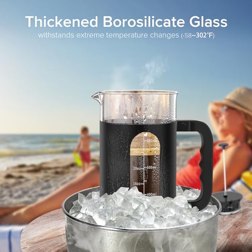 QUQIYSO French Press Coffee Maker, 304 Stainless Steel French Press with 4 Filter, Heat Resistant Borosilicate Glass, Easy to Clean, BPA Free Coffee Press Rust-Free Coffee Maker, 34 ounce, Black