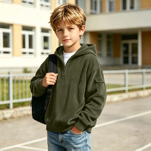 Boys Corduroy Knit Quarter Zip Hoodie Sweatshirts Long Sleeve Pullover Top - image 6