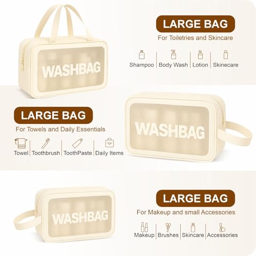 Image of FLYNGO Clear Makeup Pouch Set, Cosmetic Organizer Bag for Women and Girls Travel Waterproof Toiletry Storage Kit (Set of 3 Beige)