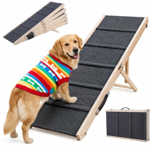 Staycalis extra-long wooden dog ramp angled toward a bed — proves the gradual low-slope design