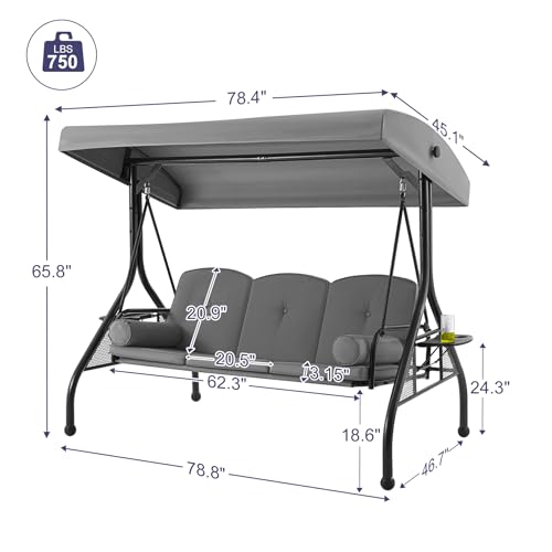 Image of HOMREST 3 Seat Outdoor Porch Swing with 1.5 inch Deep Cup Holder, Adjustable Canopy,Patio Swing Bed with Stand, Patio Glider Swing with Thicken Cushions, Pillow(Grey)