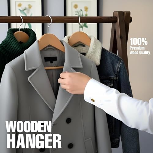 Image of WHISKET | Premium Wooden Hangers - Wood Hanger with 360-Degree Rotatable Hook - Clothes Hangers with Non-Slip Shoulder Notches for Shirts & Coats (Beige) [Pack of 6]