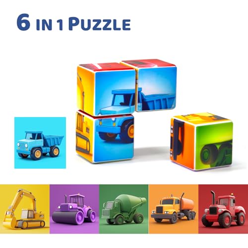 Image of Pairez Toys Magnetic Cubes for Toddler, 1.65 inch Large Building Blocks Tiles, Construction Vehicles Puzzles Game for Toddlers, STEM Educational Learning Toys for Boys & Girls Ages 1 2 3