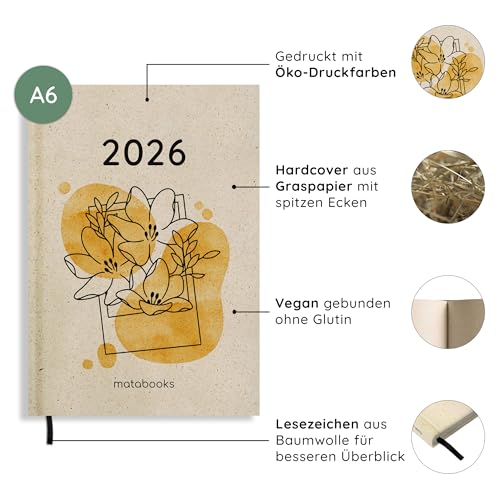 matabooks – A6 Kalender Samaya 2026 Farbe: Yellow (DE/EN): Veganer Jahresplaner aus nachhaltigem Graspapier