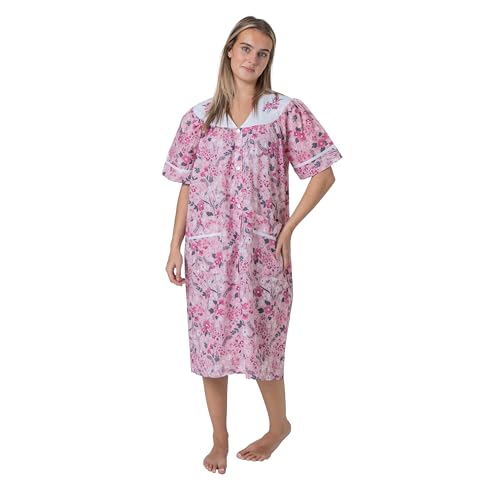 Image of Women's Short Sleeve Woven Snap-Front Closure Floral Embroidery Housecoat Duster Lounge Nightgown Robe with Front Pockets