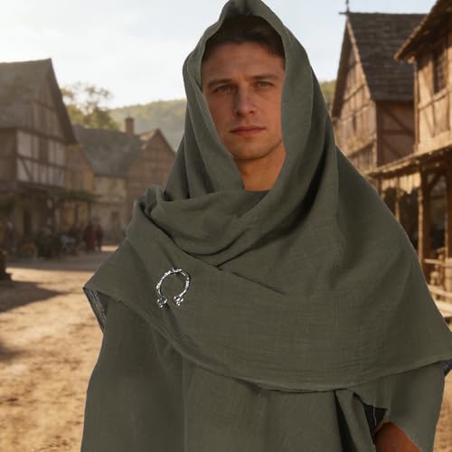 Cape médiévale verte avec capuche ajustable et broches fonctionnelles