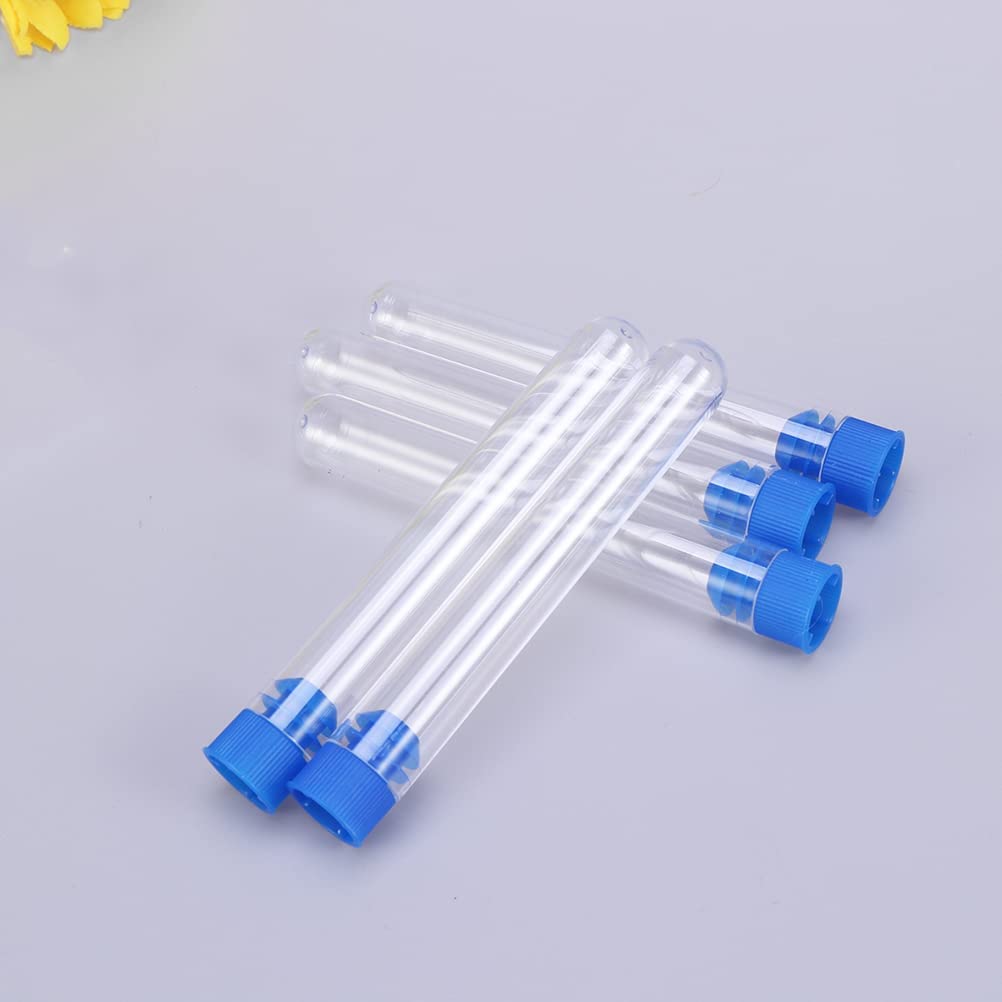 QUNINE 50 Stück 16 x 100 mm transparente Kunststoff-Reagenzgläser für wissenschaftliche Experimente, Party-Süßigkeiten-Aufbewahrung mit Blau