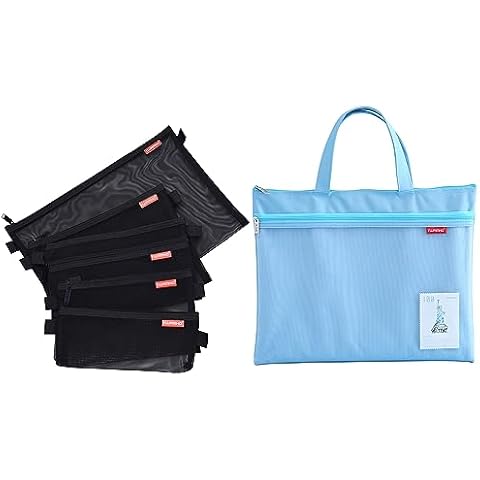 Pendancy Mesh Zipper Pouch Bundle, 5pcs Size Lightweight Nylon File Folders + A4 Size Large Double Pocket Waterproof Foldable File Bag with Handle Cover