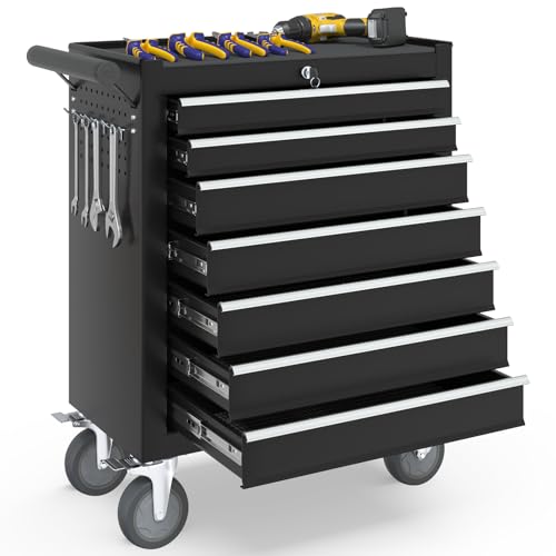 7-Drawer Rolling Tool Chest with Wheels, Tool Box with Locking System and Sliding Drawers, Heavy Duty Tool Box Organizer for Garage, Warehouse, Workshop (Black)