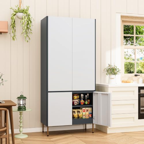 Image of 71 inch Metal Storage Cabinet with Doors, Tall Pantry Cabinet,Gray | 4 Magnetic Doors, Adjustable Shelves, Freestanding Storage Cabinets for Kitchen, Living Room, Bathroom, Office,Dining