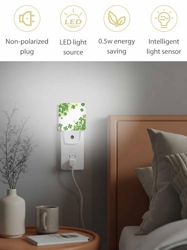 Image of Green Shamrocks Night Light Plug in LED Lamp Automatic Sensor Night Lights Plug into Wall St. Patrick's Day Decorative Clover Pattern Room Bright Decor Square Dim Night-Lights for Kids Girl Adult