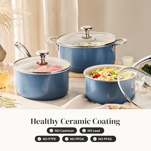 Image of Redchef Ceramic Stock Pots Set 5QT, Sauce Pan with Lids(2.5QT /3.5QT), Induction Cooking Pot Set,Ceramic Pots with Stay Cool Handle, Nonstick Cookware Set, PTFE /PFASFree, Dishwasher /Oven Safe (Blue)